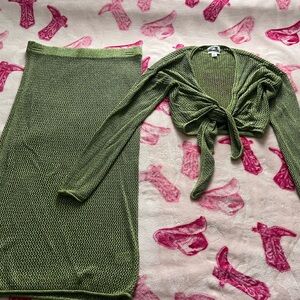 Green Knit Skirt and Cardigan Set
